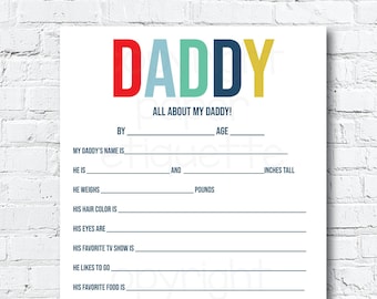 All About My Daddy Printable, Father's Day Gift, Daddy Card, Father's Day Fill In, Daddy's Day Gift, Children's Customized Dad Gift Keepsake