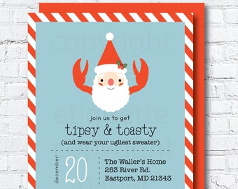 Santa Claws White Elephant,Ugly Sweater Holiday Card,Nautical Holiday, Lobster Christmas Card,Festive Work Party Invite, Adult Holiday Party