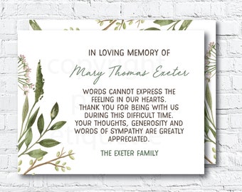Sympathy Acknowledgement Card - Thank You Sympathy Card, Celebration of Life, Personalized Funeral Card, Bereavement Notes Personalized