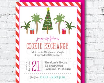 Palm Tree Festive Winter Holiday Party Invitations, Tropical Holiday Sip and See. Jingle & Mingle, Holiday Cookie Exchange, White Elephant