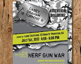 Foam Dart War Camo Birthday Invite, War Birthday Party,Camo Birthday Invitation,Paint Gun Party, Army Birthday Party Invite,Laser Tag Invite
