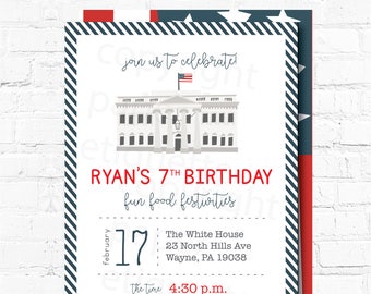 President's Day Birthday Invitations - White House Birthday, President Invite - White House Party Invite, Political Invite, USA Invite