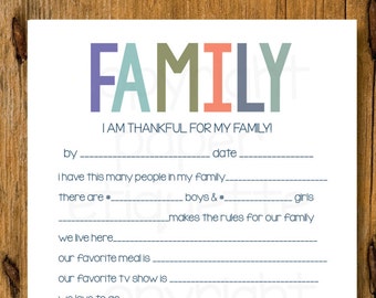 All About My Family Printable, Thanksgiving Thankful for My Family, Family Christmas Gift, Mother's Day Card, Preschool Family Card Holiday