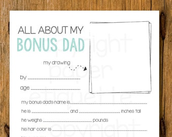 All About My Bonus Dad Printable, Step Father's Day Gift, Bonus Dad 5 x 7 Fill In, Bonus Dad Father's Day Gift, Child's Father's Day Drawing