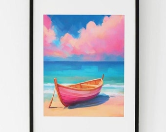 Różowy obraz łodzi | Kolorowy cyfrowy wydruk artystyczny do dekoracji plażowych i nadmorskich | Pink Skies Home Wall Art