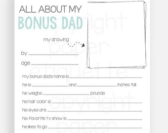 Todo sobre mi papá extra para imprimir / Regalo para el día del padre para papá extra / Tarjeta para completar de 5 x 7 para padrastro / Dibujo de recuerdo para niño, regalo de Navidad de último momento