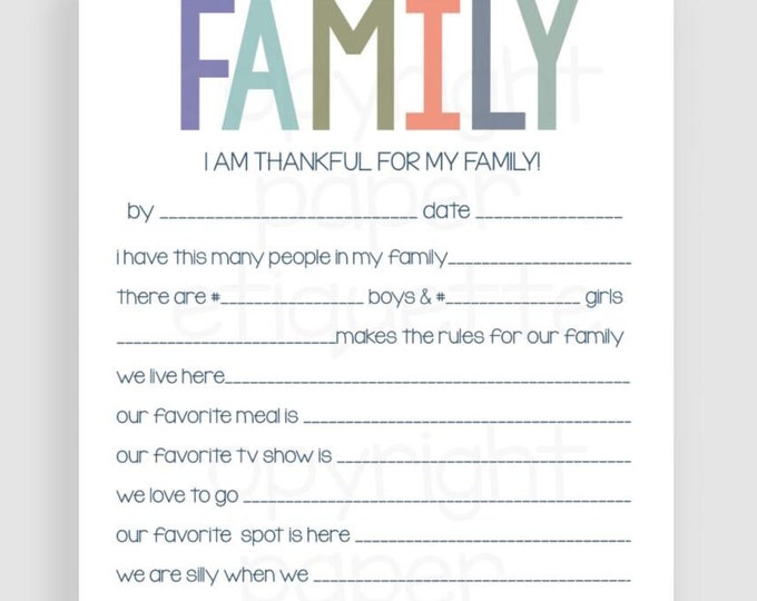 All About My Family Printable Thankful for My Family Thanksgiving