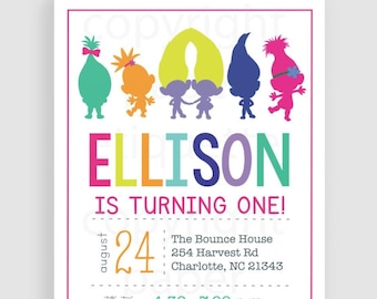 Trolls Inspired Birthday Invitation - Poppy and Rainbow Trolls Party Invite, Kids Sleepover & Celebration Card