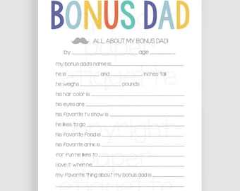 All About My Bonus Dad - Bonus Dad Father's Day Gift, Fill In 5x7 keepsake, Daddy Gift, Step-Dad Appreciation, Happy Father's Day