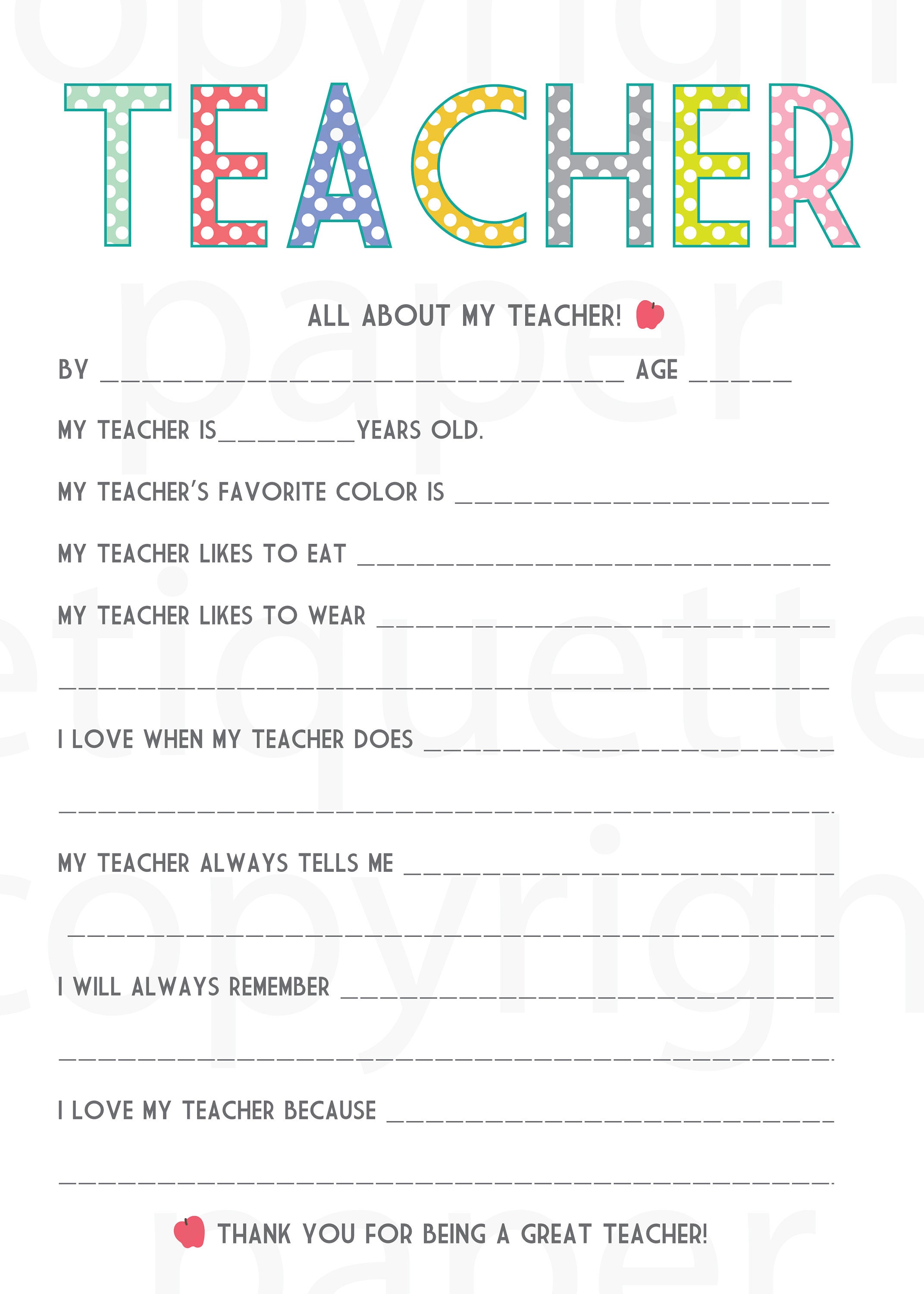 All About My Teacher Printable Teacher Appreciation End Of Etsy Australia