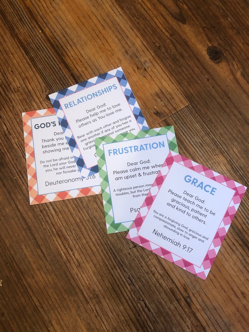 May include: Four colorful cards with a checkered pattern and inspirational messages for different situations. The cards include the words "God's", "Relationships", "Frustration", and "Grace". Each card has a Bible verse at the bottom.