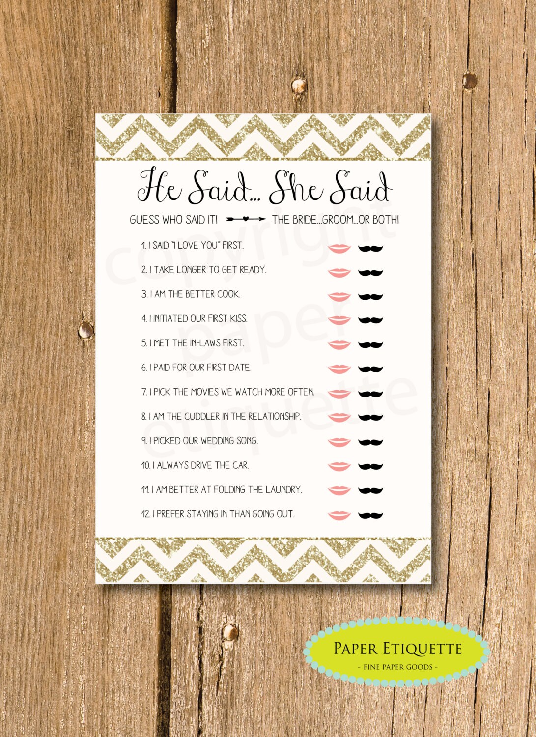 INSTANT DOWNLOAD He Said She Said, Bridal Shower Game,Wedding Shower,…