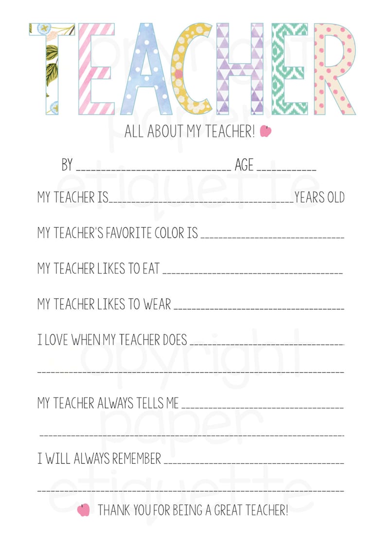 Best Teacher Card All About My Teacher Teacher Etsy