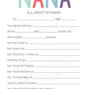 All About My Nana Printable | Mother's Day Gift, Nana Keepsake ...