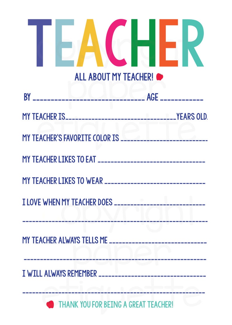 All About My Teacher Teacher Appreciation / End of Year Etsy