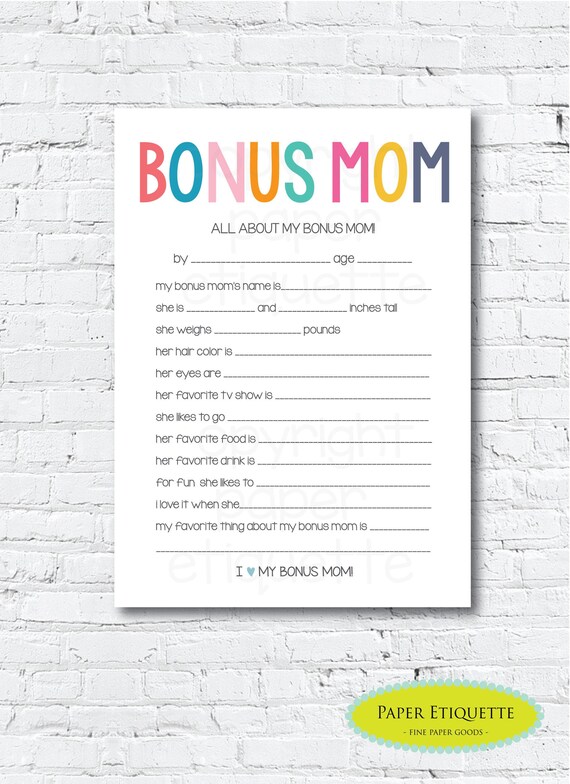 Bonus Mom Gift:All About My Bonus Mom 5x7 Fill-In, Step Mother's Day Present, Last Min Xmas & Happy Mother’s Day, Step Mom Gift Mother's Day
