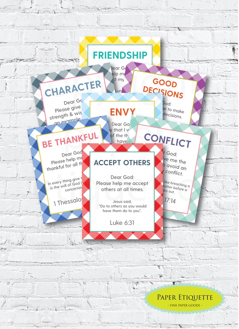 May include: A set of ten colorful cards with a gingham pattern. Each card has a different virtue or value, such as friendship, character, good decisions, envy, conflict, and being thankful. The cards also include bible verses and quotes.