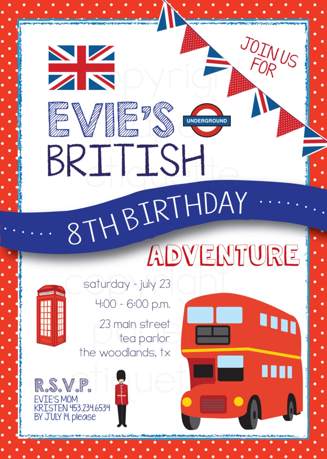 British London Birthday Tea Party Invitation British Etsy