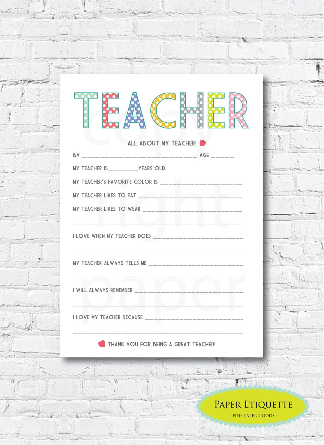 All About My Teacher Printable Teacher (Instant Download) Etsy