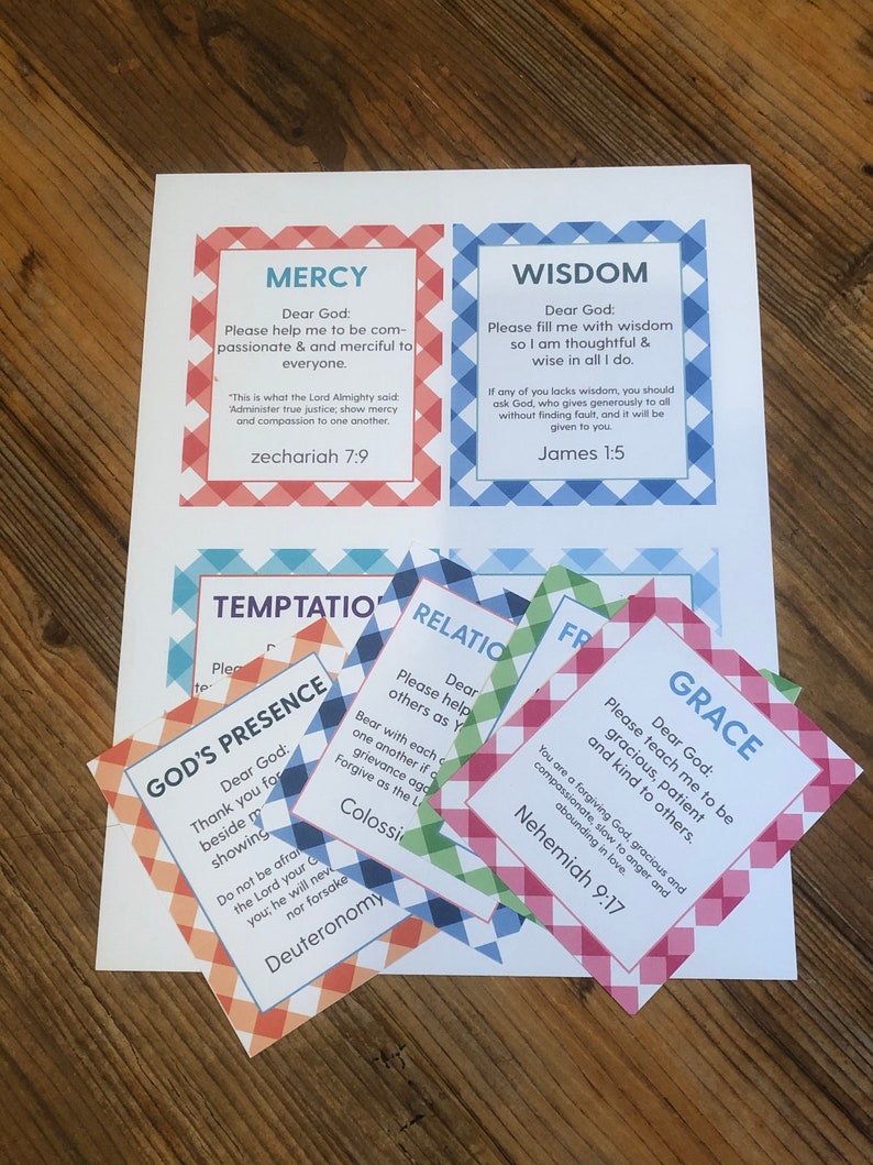 May include: A set of colorful cards with different Christian virtues printed on them, including Mercy, Wisdom, Grace, God's Presence, Temptation, and Relationships. Each card has a scripture verse and a short message.