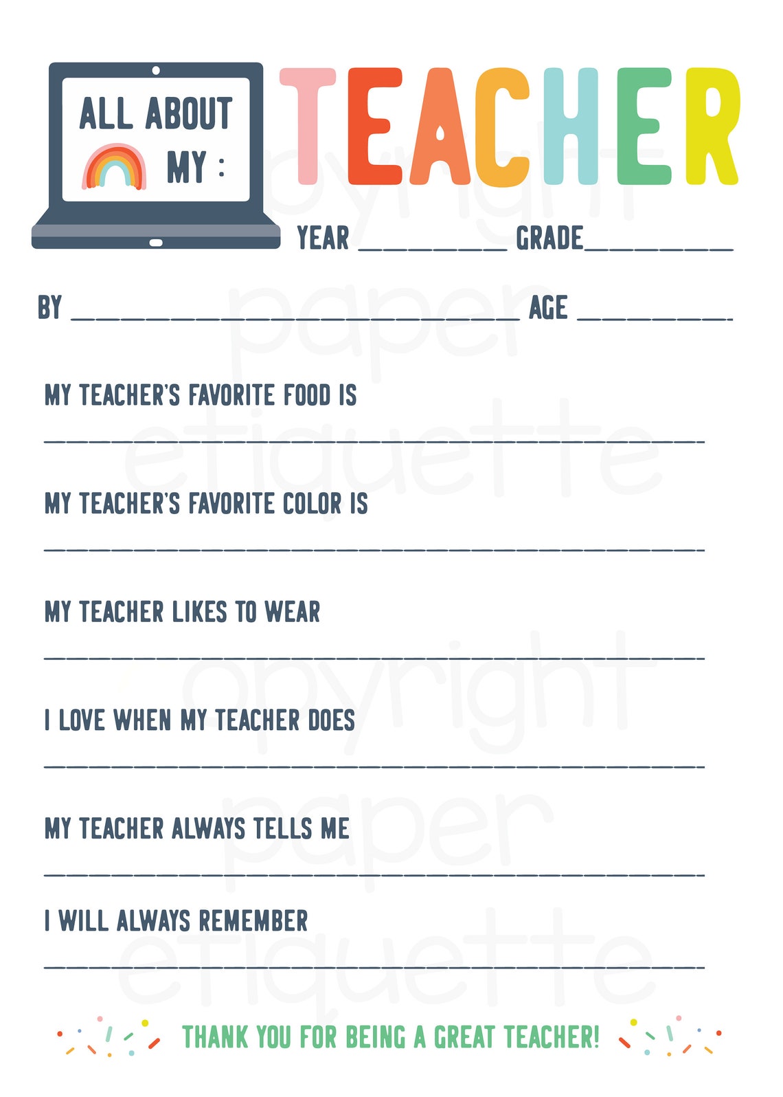 Free Printable All About My Teacher Printable