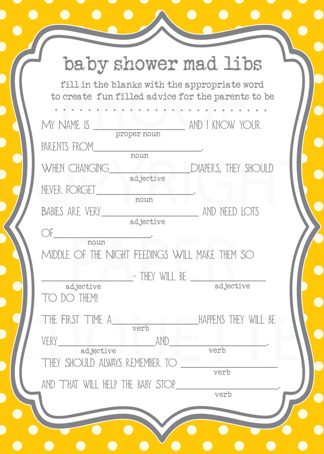 INSTANT UPLOAD Baby Shower Game Mad Libs Yellow Gray Polka | Etsy
