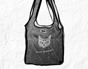 Handprinted 'Become Unmanageable' Cat Tote Bag