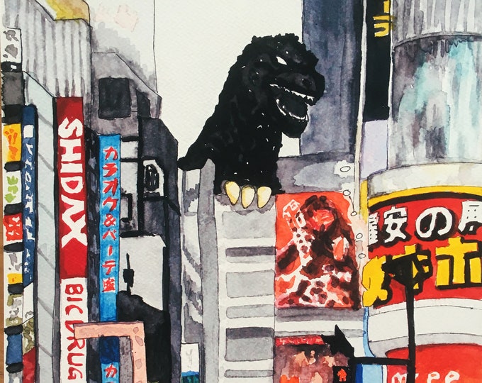 Japan Watercolour Painting - Godzilla in Kabuki-cho Shinjuku Tokyo - Japanese Landmarks - Original Art Print - Vacation Watercolor - kaiju