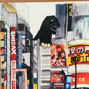 Japan Watercolour Painting - Godzilla in Kabuki-cho Shinjuku Tokyo - Japanese Landmarks - Original Art Print - Vacation Watercolor - kaiju