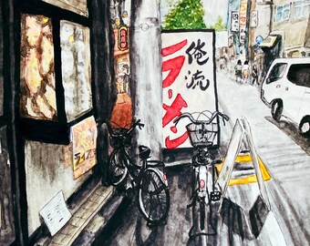 Japan akvarelltryck - Shinjuku-cyklar - Lunchbutiker på sidogator - Japan konsttryck, Tokyo väggkonst, japansk inredning, semesterminne