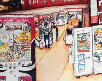 Watercolour Painting - Crane Games Watercolour print - Takadanobaba Station Game Center - Tokyo 2020 Series - 8x10