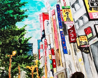 Sidewalk in Tokyo - Japan Watercolour Print - Vacation Memories - Busy Urban Landscape - Wall Art - Tokyo Street, Signs, Japanese Text