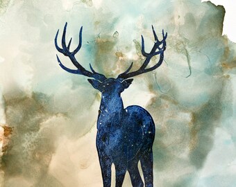 Galaxy Deer - Original Art - Forest Spirit - Summer storm, magical fireflies - ethereal beauty - ink on paper - One of a Kind - Stag