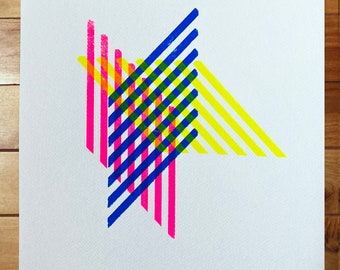 Geometric Layered Stripes II - Abstract original painting - Silkscreen Art Print - offset stripes - process colours cyan magenta and yellow