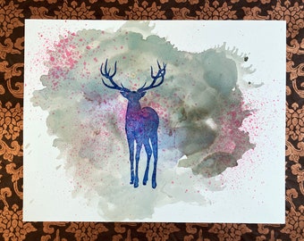 Galaxy Deer - Original Art - Forest Spirit - Summer storm, magical fireflies - ethereal beauty - ink on paper - One of a Kind - Stag