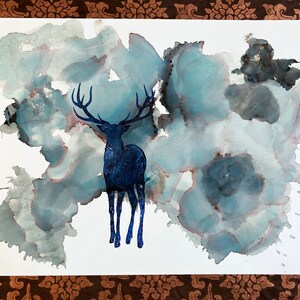 Galaxy Deer - Arte originale - Spirito della foresta - Tempesta estiva, lucciole magiche - bellezza eterea - inchiostro su carta - Unico nel suo genere - Cervo