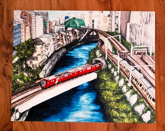 Japan Watercolour Painting - Ochanomizu Trains - Subway Metro Art Print, Tokyo Wall Art, Japanese Decor, Vacation Memory - Original Artwork