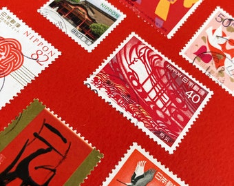 Red Japanese Stamp Collage - Antique Authentic Old Cancelled Postage - Original Unique Wall Art - Historical, Beautiful, Striking - Japan