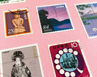 Pink Japanese Stamp Collage - Antique Authentic Old Cancelled Postage - Original Unique Wall Art - Historical, Beautiful and Striking