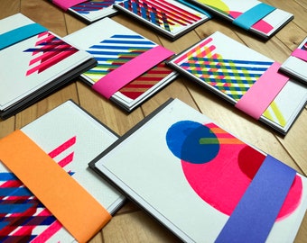 Geometric Notecards - set of 3 - hand silkscreened - process colours cyan, magenta, yellow stripes and circles - Any Occasion - Original art