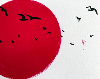 Blood Moon - Abstract original painting - Silkscreen Art Print - circles and birds - Lunar Eclipse with Birds flying in front - spooky mood