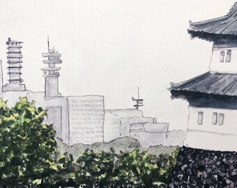 Watercolour Painting - Imperial Palace in Tokyo Tokyo - Japanese Landmarks - Original Art Print - Japan Vacation Memories Watercolour Print