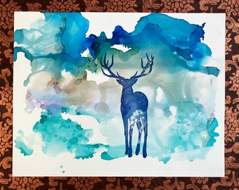Galaxy Deer - Original Art - Forest Spirit - Summer storm, magical fireflies - ethereal beauty - ink on paper - One of a Kind - Stag