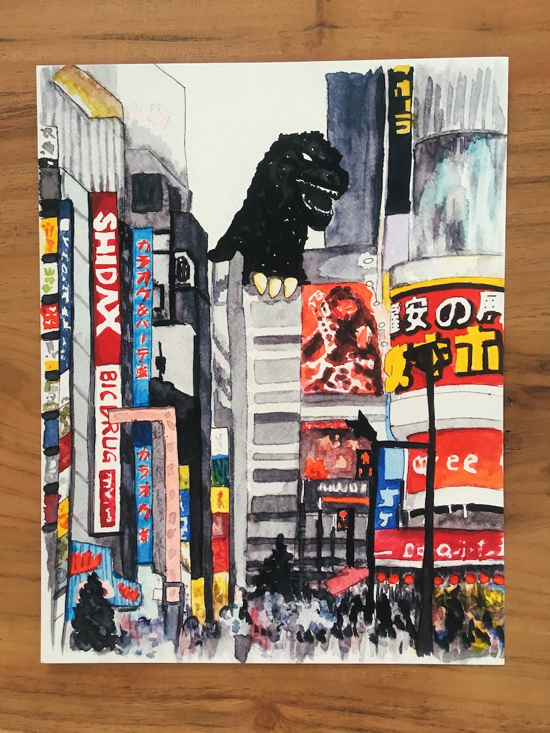 Japan Watercolour Painting Godzilla in Kabuki-cho Shinjuku Tokyo Japanese Landmarks Original Art Print Vacation Watercolor kaiju image 1