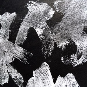 May include: Abstract black and white painting with thick brushstrokes. The white paint is applied in a layered and textured style, creating a dynamic and expressive composition.