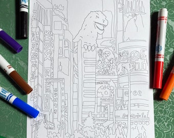 Colouring Page - Japan Vacation - Godzilla in Kabuki-cho Shinjuku - Original Art - DIY Kit - Kids, Artists, Creative Party Fun - Gift Idea