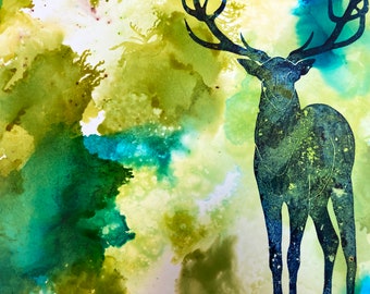 Galaxy Deer - Original Art - Forest Spirit - Summer storm, magical fireflies - ethereal beauty - ink on paper - One of a Kind - Stag