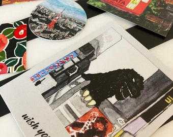 Japan Art Sticker Pack - Godzilla in Kabuki-cho, Tokyo Tower, Shinjuku - Japanese paper - original art - hand-screen-printed - Print Gocco