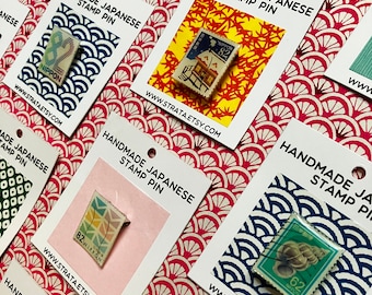 Japanese Stamp Pin - beautiful, handmade, unique - cancelled postage stamps - brooch, épingle - colourful and detailed souvenir of Japan