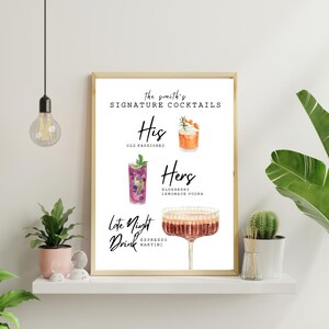 Letrero personalizable para bebidas de boda, menú imprimible para bar de cócteles